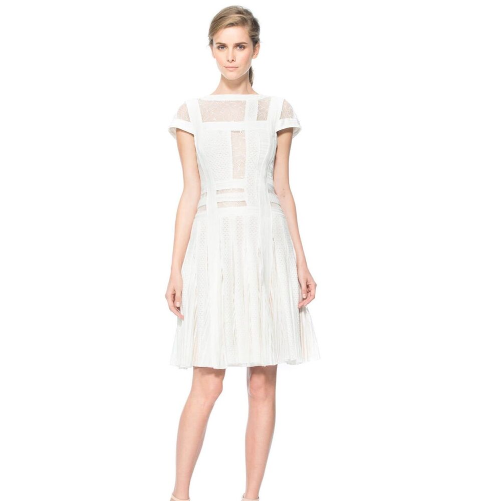 Tadashi Shoji Cotton Crochet and Sheer Lace Collage Dress, White, Size 0